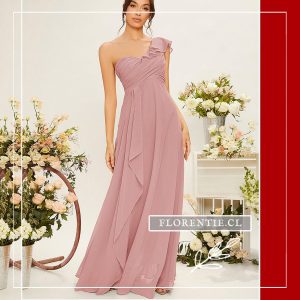 Vestido Largo de Gasa Un Hombro con Volantes y Drapeado