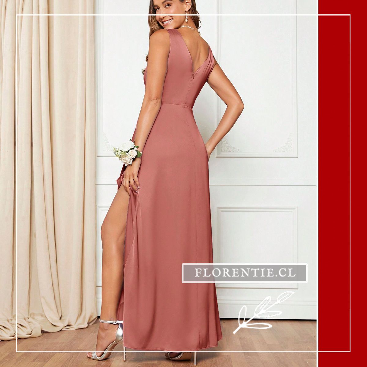 Vestido de Fiesta Satinado con Escote V y Abertura con Volante - Imagen 6