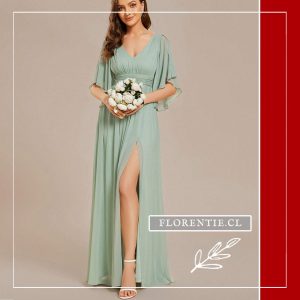 Vestido Verde Salvia de Gasa con Mangas Mariposa y Abertura