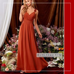 Vestido Terracota de Gasa con Tirantes de Flores 3D y Lazo Trasero