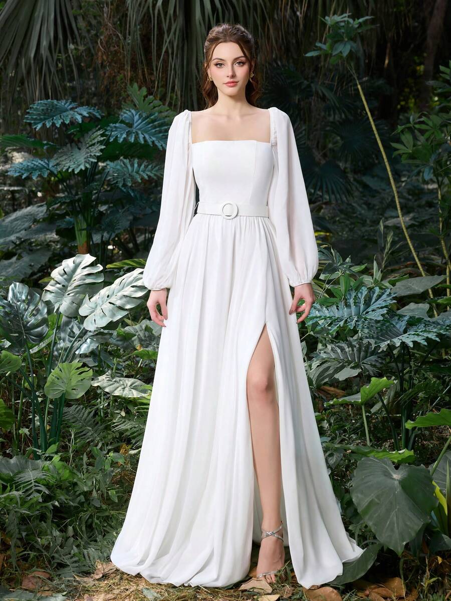 Vestido Novia Civil Francia – Escote Cuadrado y Mangas Abullonadas - Imagen 4