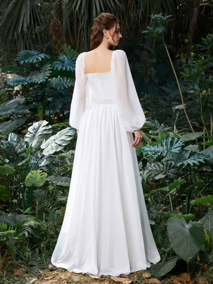 Vestido Novia Civil Francia – Escote Cuadrado y Mangas Abullonadas - Imagen 3